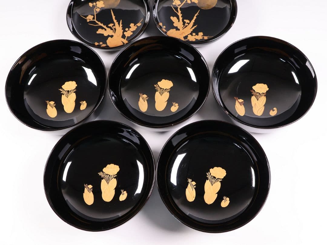 【CM416】訳あり 天然木漆塗 月と梅 福寿草 金蒔絵 黒塗椀 五客 大正昭和