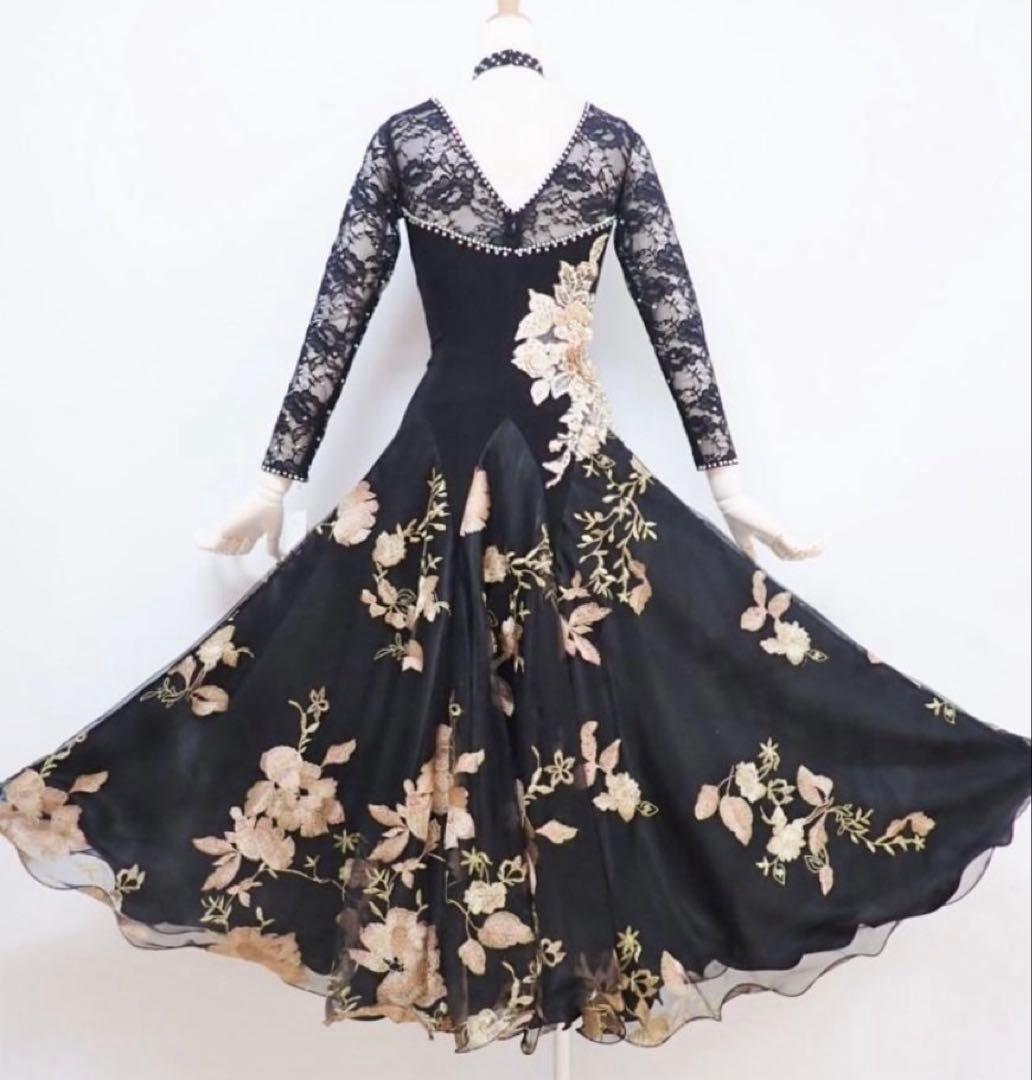 フラワー刺繍 黒 社交ダンス　ドレス