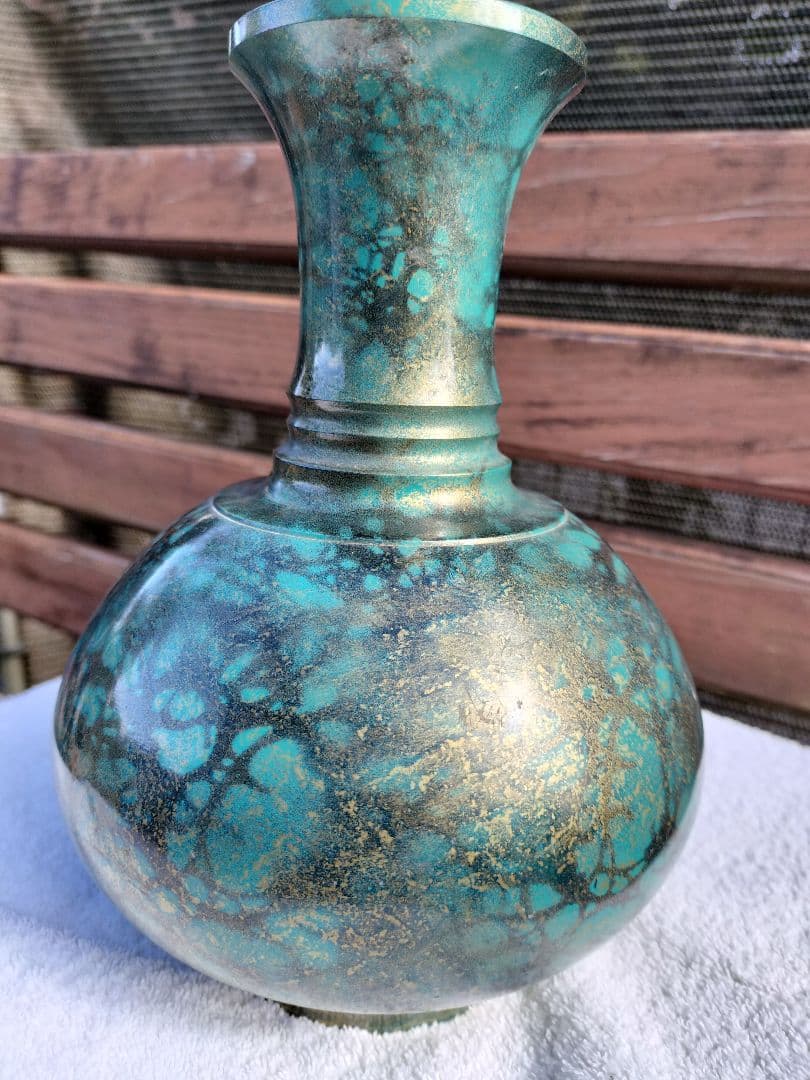 ターコイズと金色のボトル型 花瓶 鋳銅