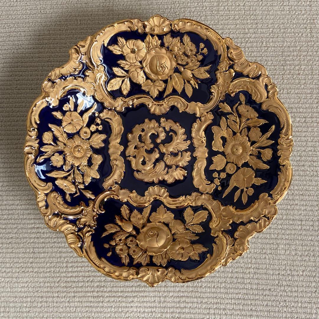 マイセン　コバルト　グランツゴールドレリーフ大皿