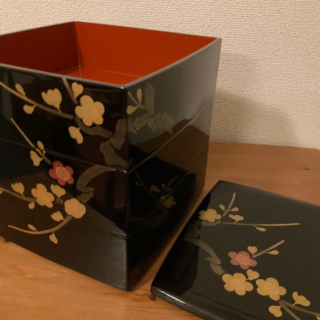 重箱　胴張三段重　金蒔絵　梅　18cm四方