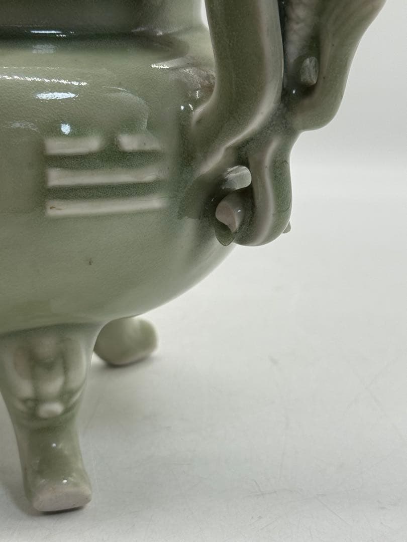 中国　青磁　龍耳香炉　送料込み250729