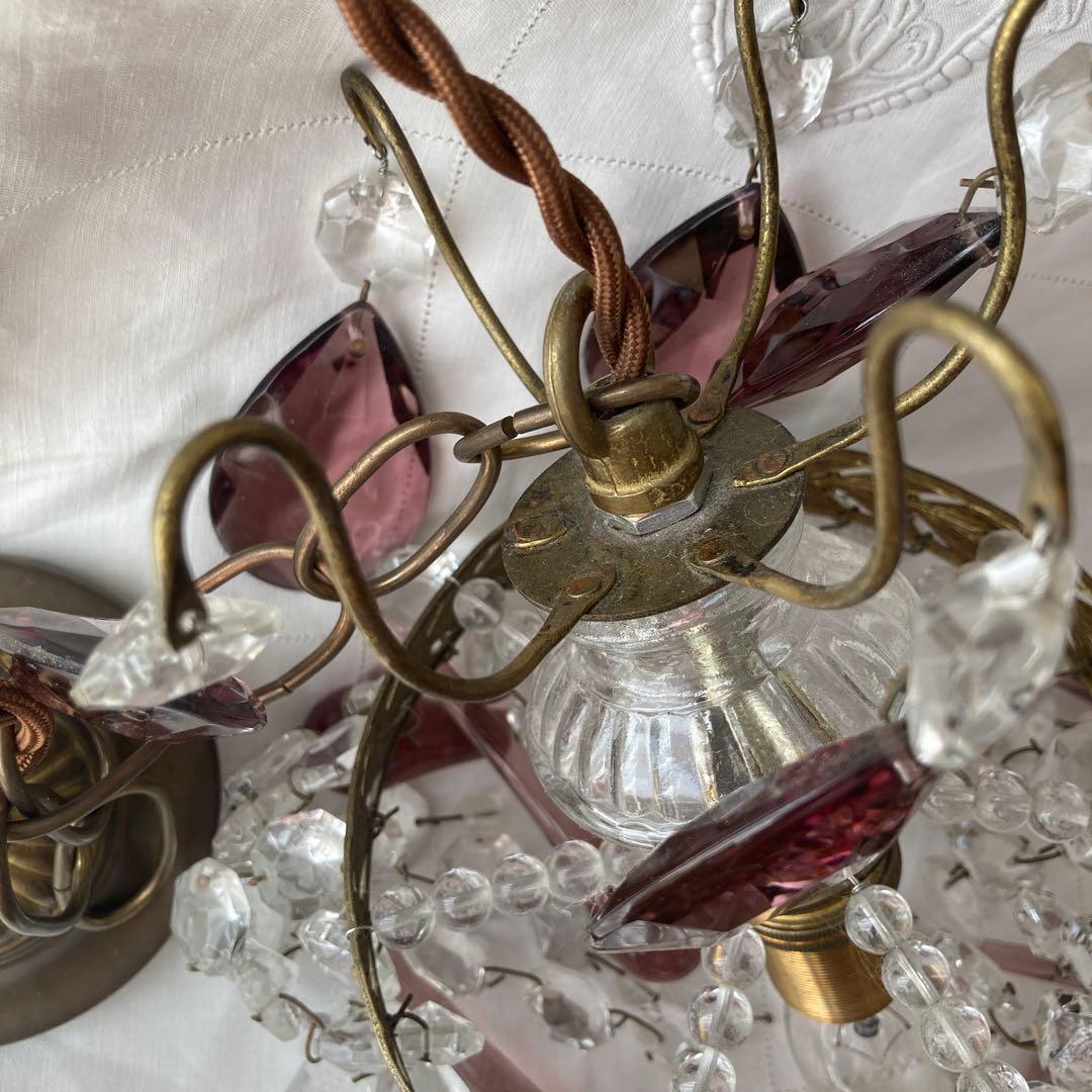 *訳あり クリスタルティアドロップ 1灯シャンデリア 薄紫 フランスアンティーク