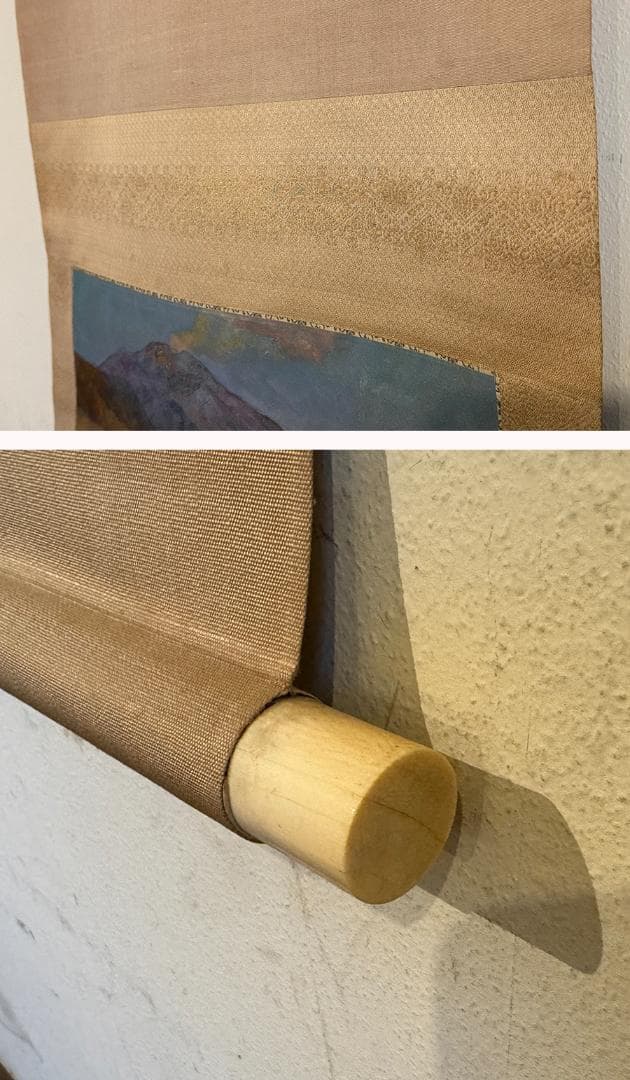 真作 荻野次郎画 自題 早春 掛軸 岩絵具 二重箱 共箱 木製筒 高級表装