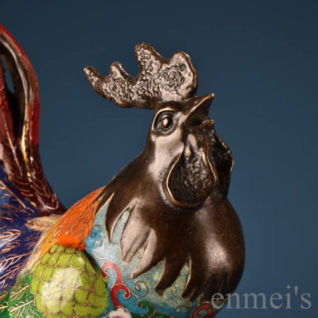 中国古美術 旧蔵 七宝焼き 琺瑯 景泰藍 公鶏一対 純銅 高浮彫鏨刻 細工 置物