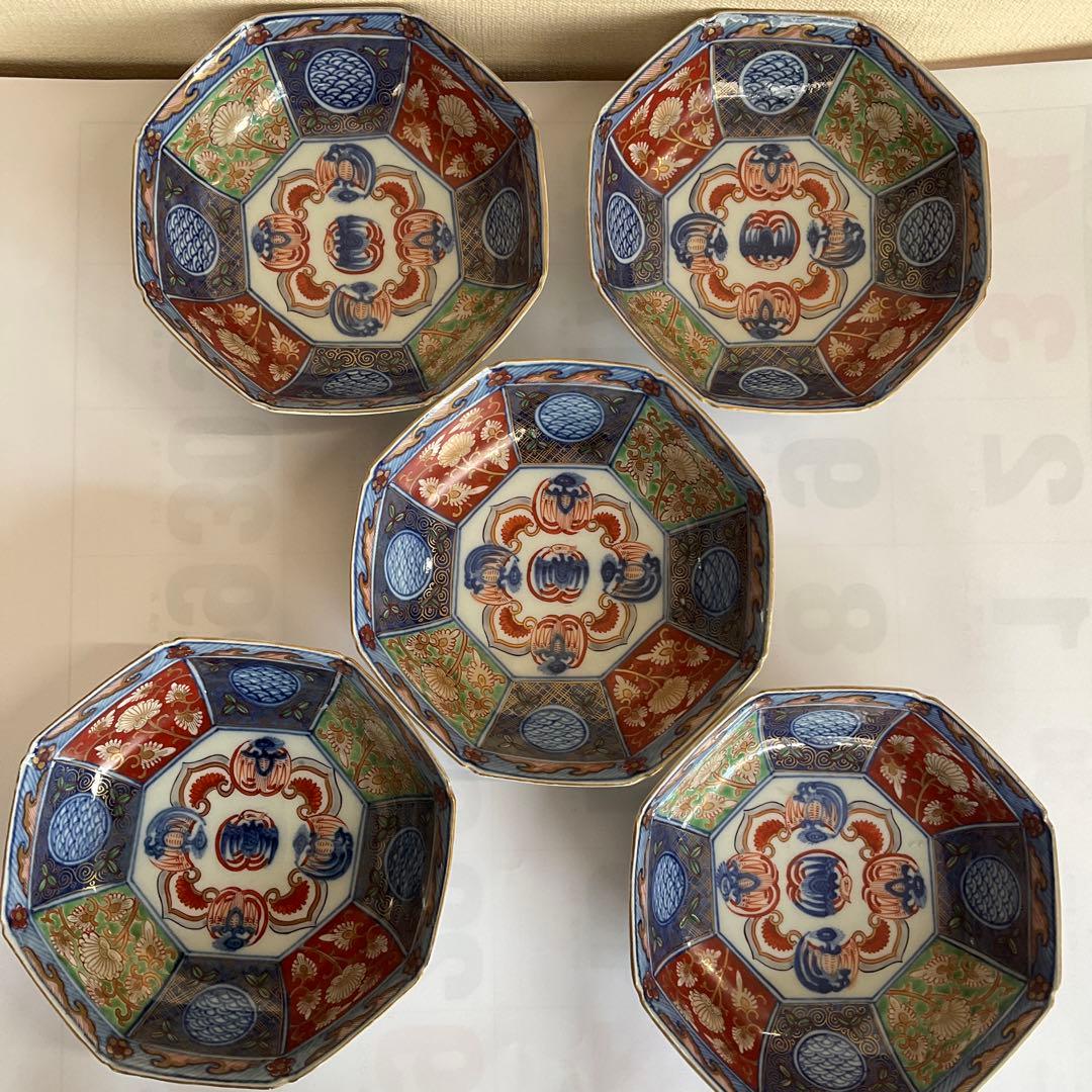 伊万里焼　染錦鳳凰草花文八角向付(鱠皿) 5客揃　江戸時代中期〜後期頃