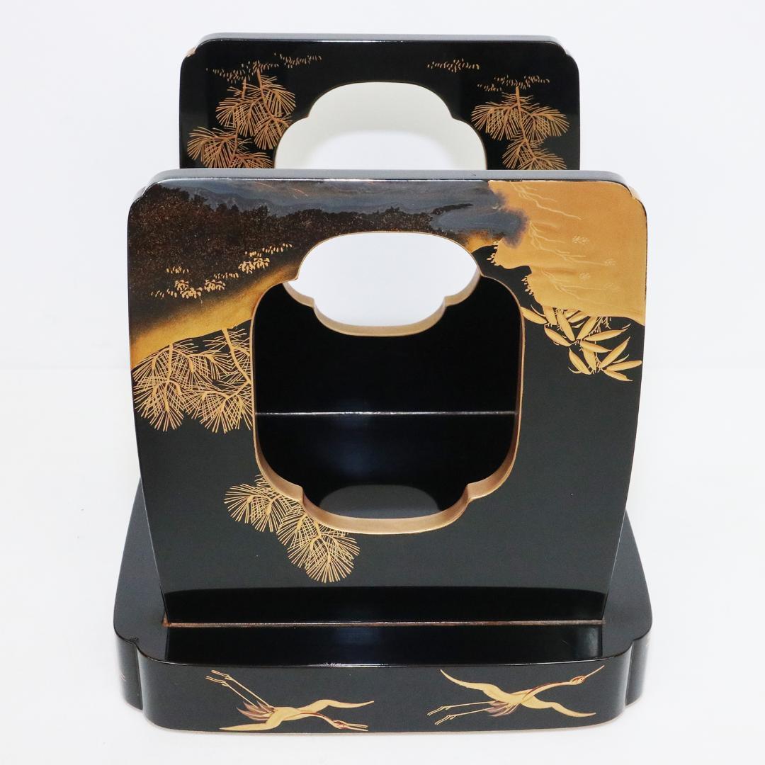 時代漆器 朱漆塗 鶴亀山水 松竹梅 縁起物 蒔絵 三ツ重盃 木製