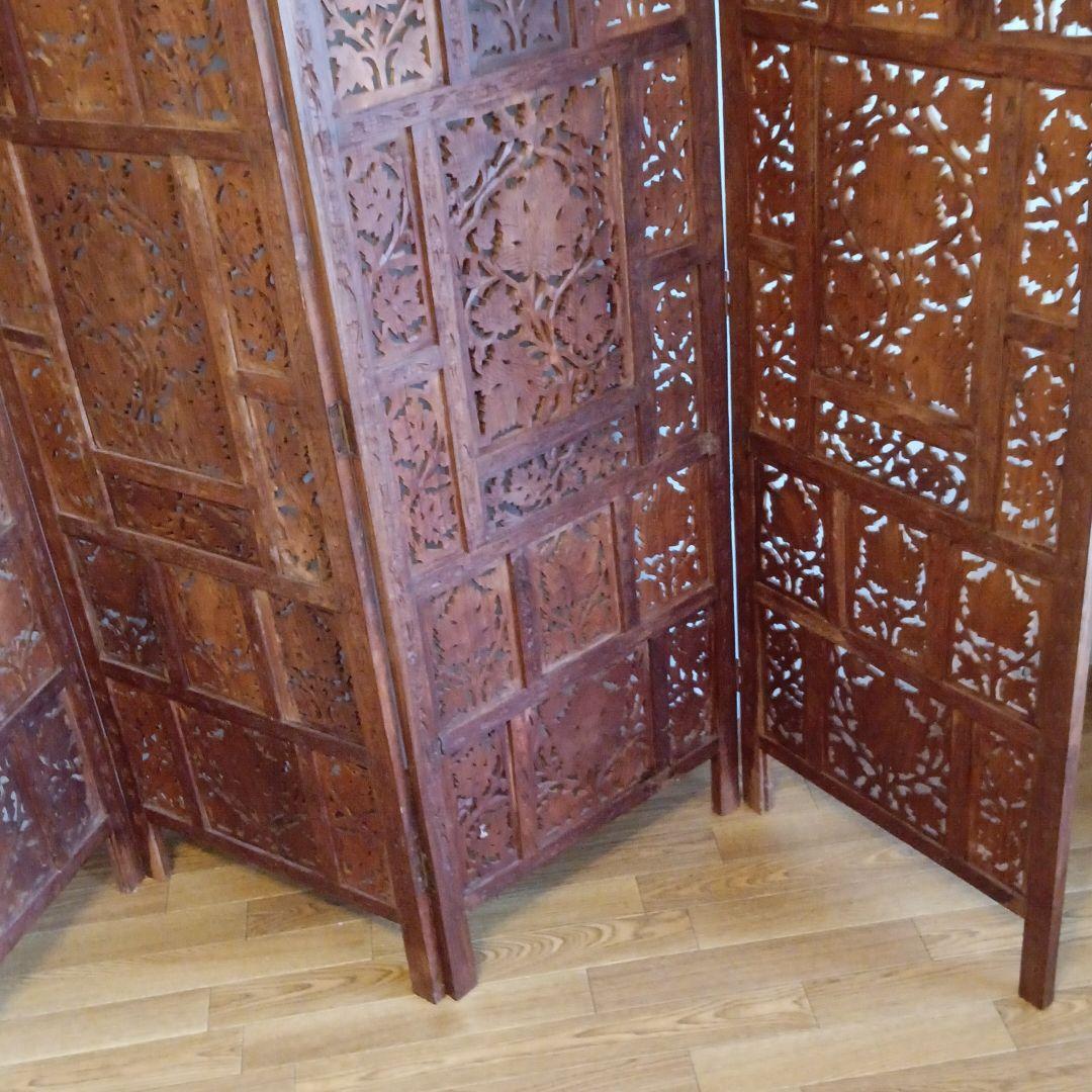 アンティク アジアン手彫り屏風工芸品
