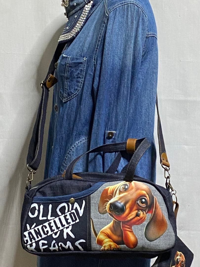 ハンドメイド☆岡山デニム☆ダックスフンド☆3way横長ボストンバッグ