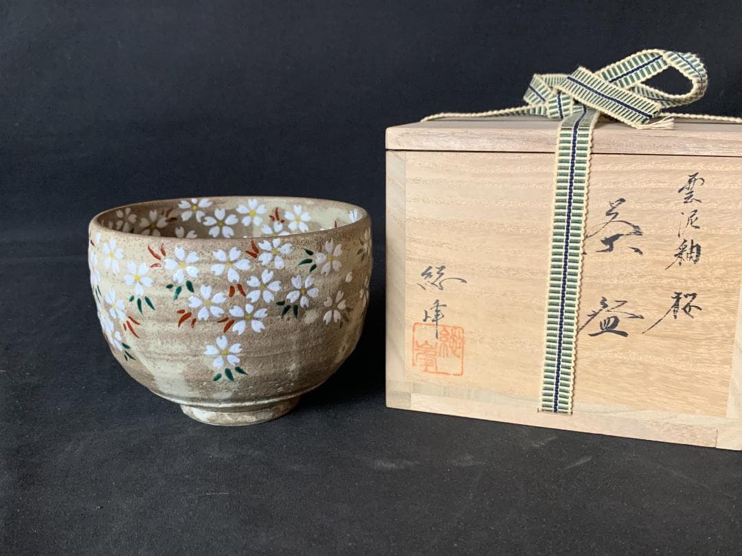 田中総峰 雲泥釉 桜 茶碗 共箱 茶道具 京焼 561
