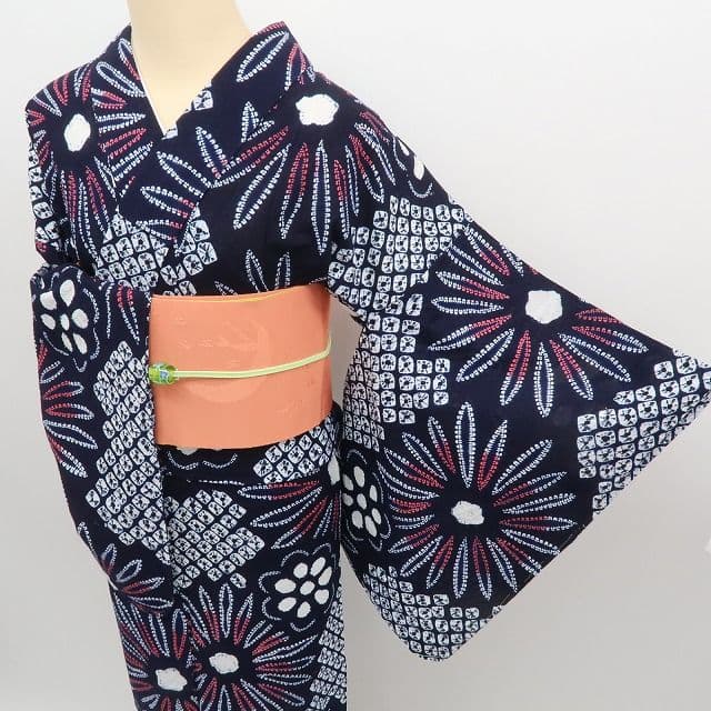 m1440＊美品 有松鳴海絞り 夏着物 綿 手縫い仕立て 高級浴衣