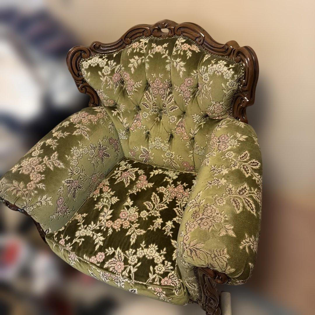 クラシック アームチェア 緑色 花柄 海外製