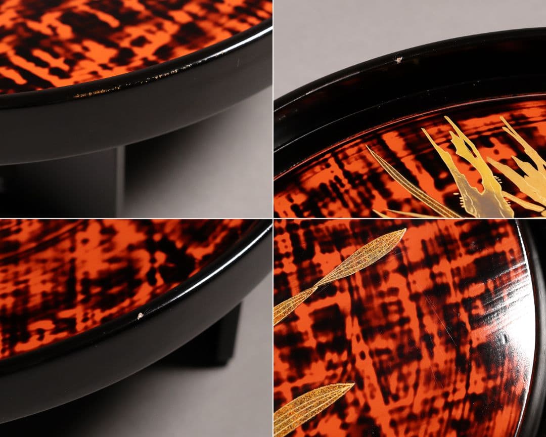 M851/ 木製漆器 草花絵変蒔絵 足付円形膳 五客 根来 黒塗 / 丸輪島加賀