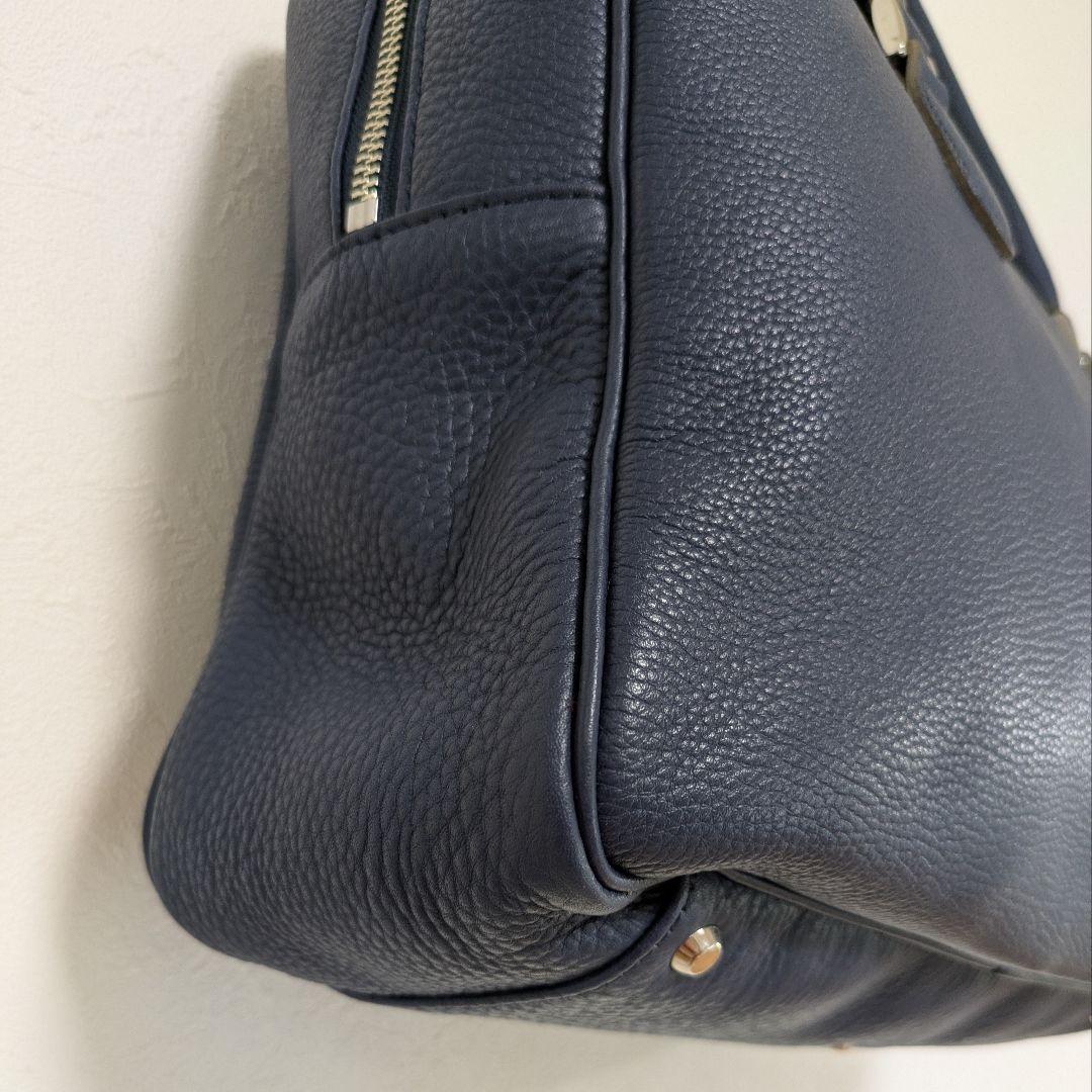 madam H マダムエイチ本革レザー ボストンバッグ ネイビー青系 シボ革