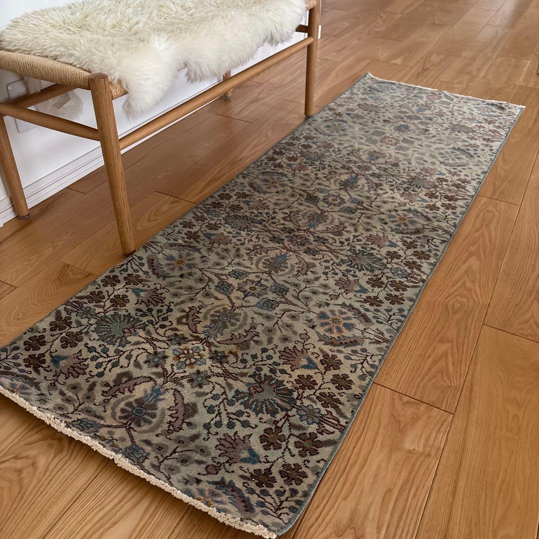 トルコ　ヴィンテージラグ　ランナー　ブルーグリーン193×63