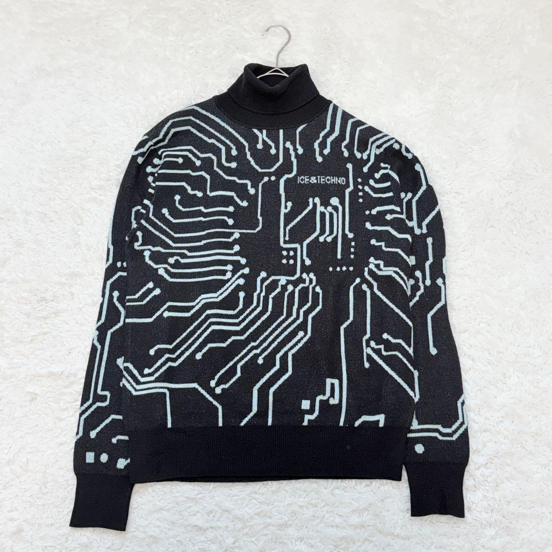 希少 ICE&TECHNO 回路図柄 ハイネックニット ブラック ブルー M