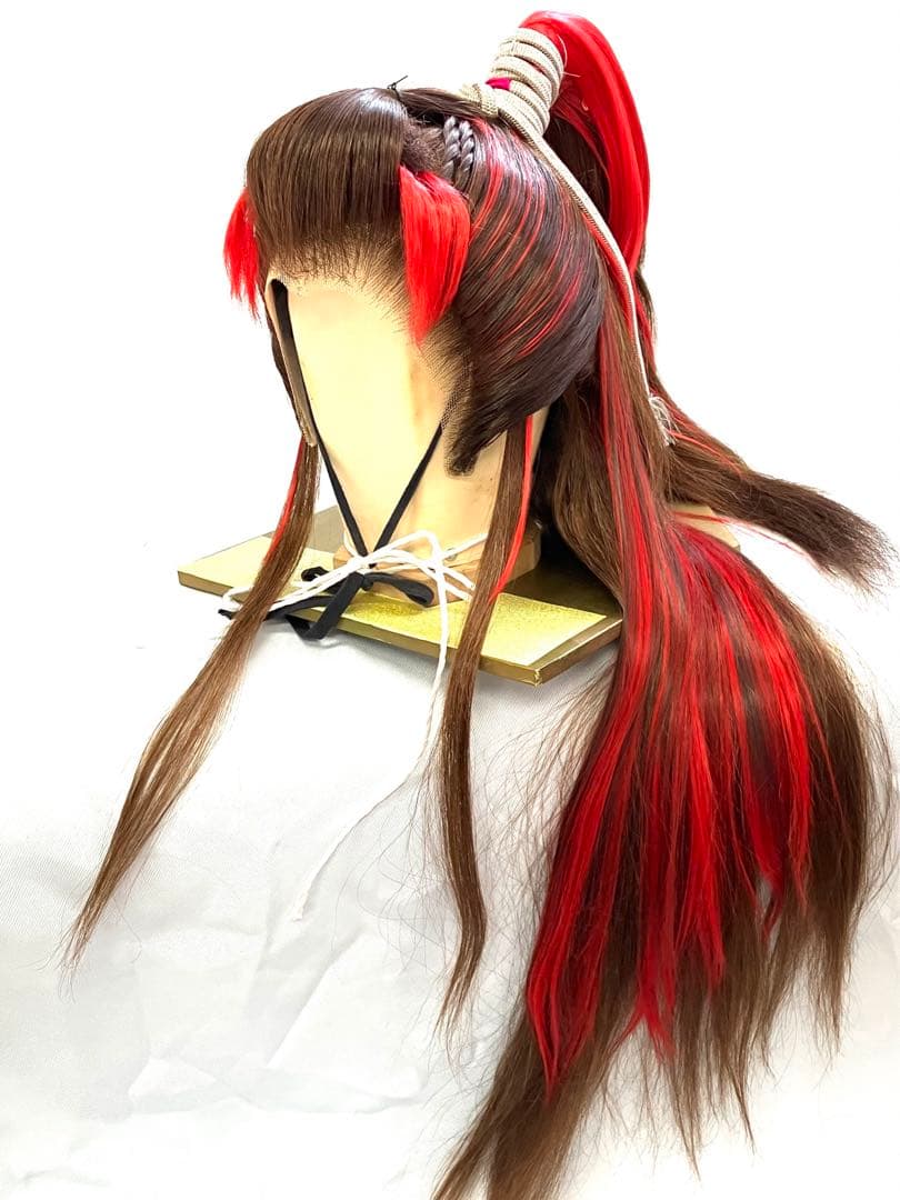 創作、中大サイズ(茶髪＋赤耐熱ファイバープラス)中古舞踊かつら、大衆演劇かつら