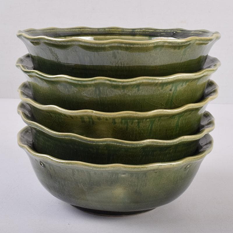 北大路魯山人作　織部焼　輪花小鉢　五客　共布　黒田陶々庵極め箱　M　R8898B