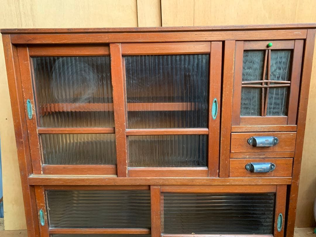 古い木全面モールガラス　収納陳列棚引き出し4杯　レトロ昭和ガラス古家具