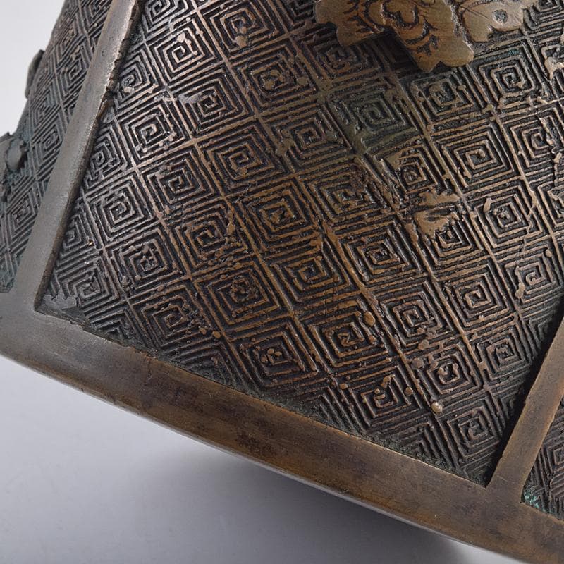 中国　宣徳年製款　古銅宣徳銅　馬刻　持ち手付　透かし蓋香炉　M　R8855