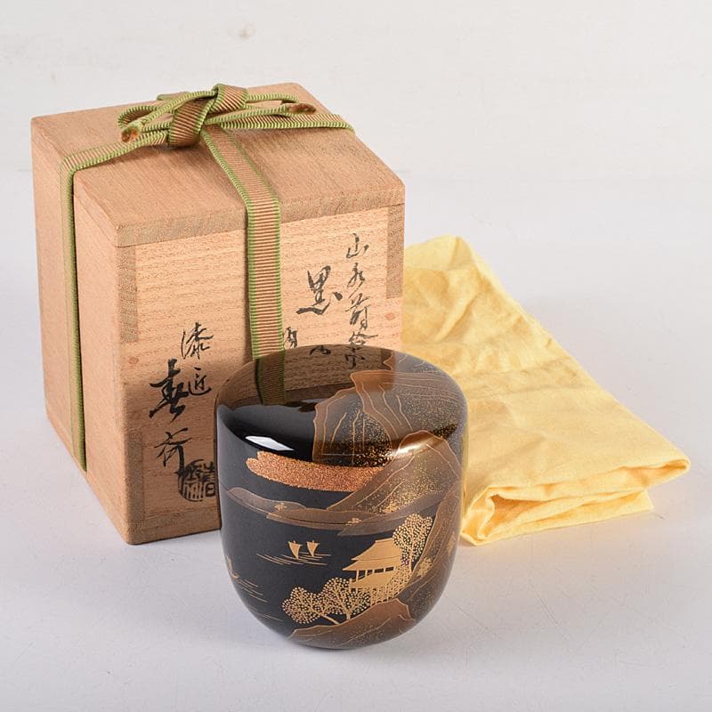 茶道具　漆匠　前端春斉作　山水蒔絵　内銀溜　黒棗　共箱　V　R8487