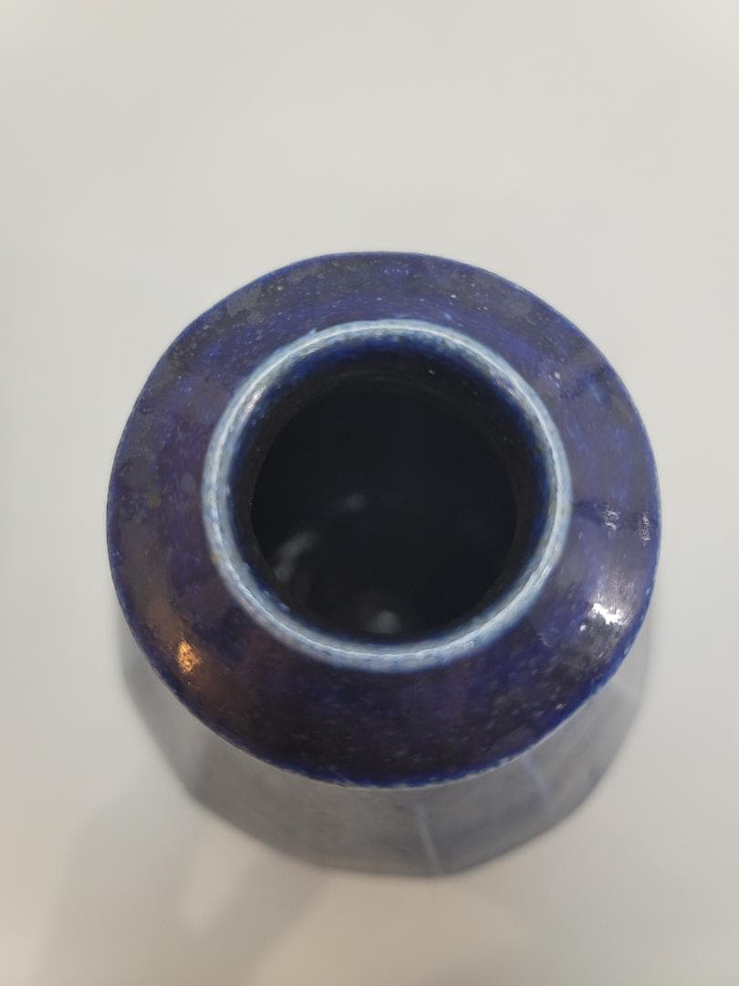 浜田晋作 作 藍釉面取 花瓶 共箱 DT544
