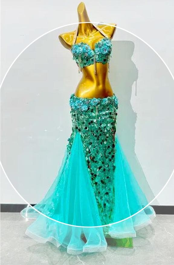 ベリーダンス　オリエンタル衣装　エメラルドブルー　人魚　発表会　スパンコール