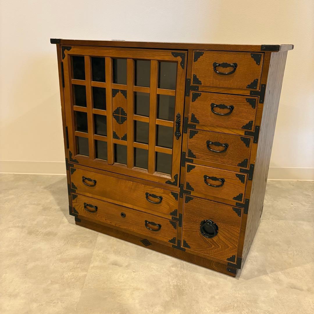 茶箪笥　和箪笥　収納棚　小箪笥　ガラス扉付き　レトロ　茶棚