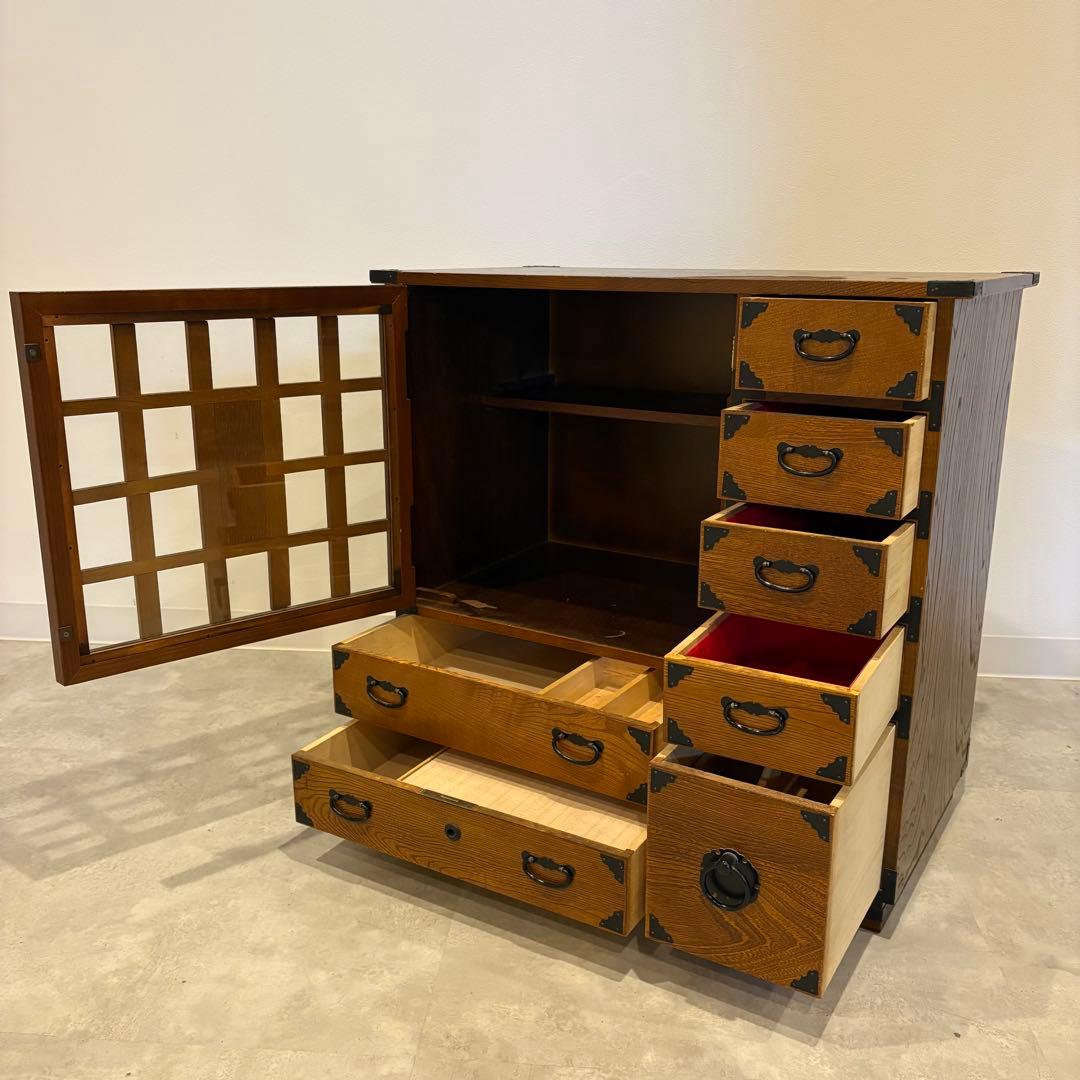 茶箪笥　和箪笥　収納棚　小箪笥　ガラス扉付き　レトロ　茶棚