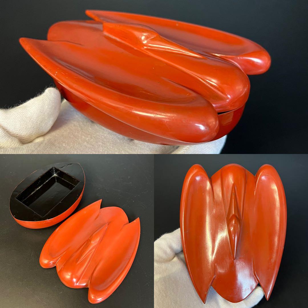 ◎古道具 庵々◎江戸-明治期 輪島塗 鶴形 蓋物◎時代物侘び寂び和置物 朱塗骨董