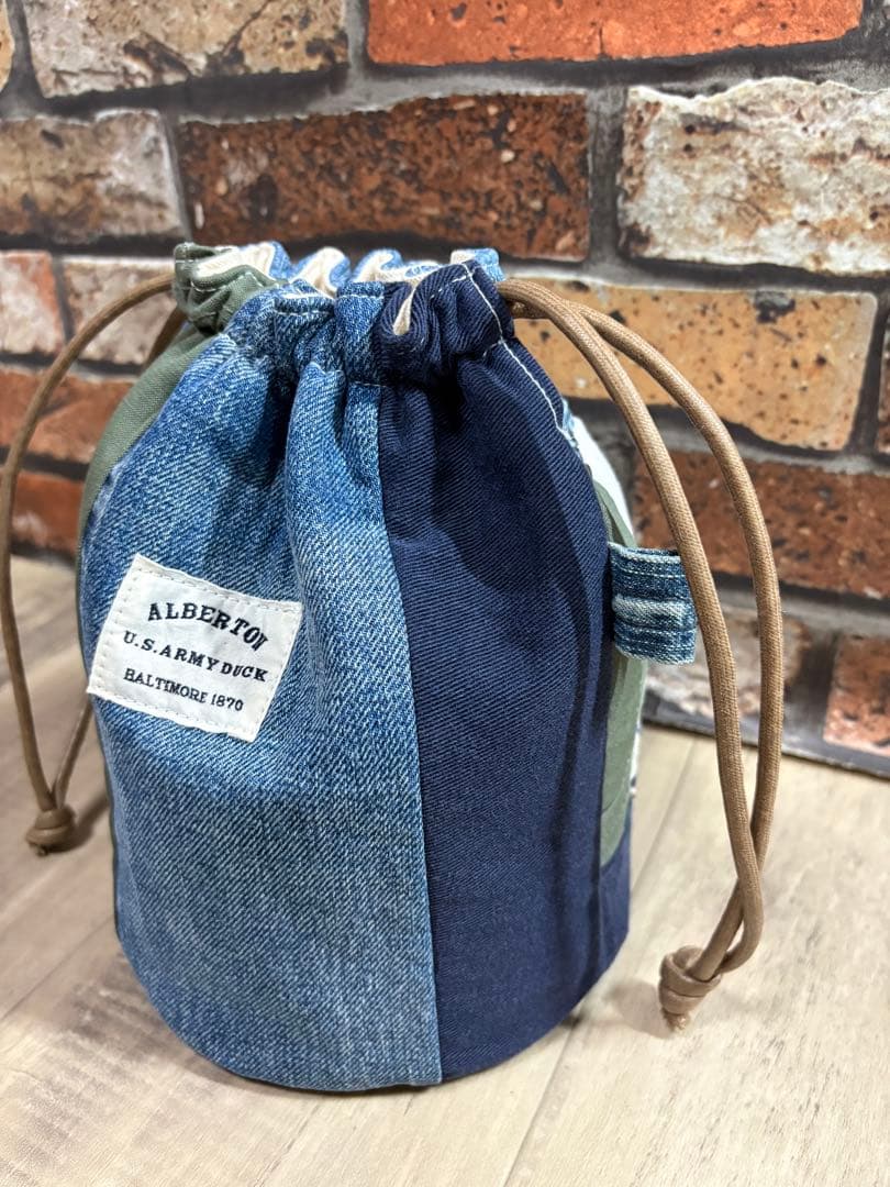 USEDデニム×ビンテージエプロン×本革リメイク　巾着バッグ