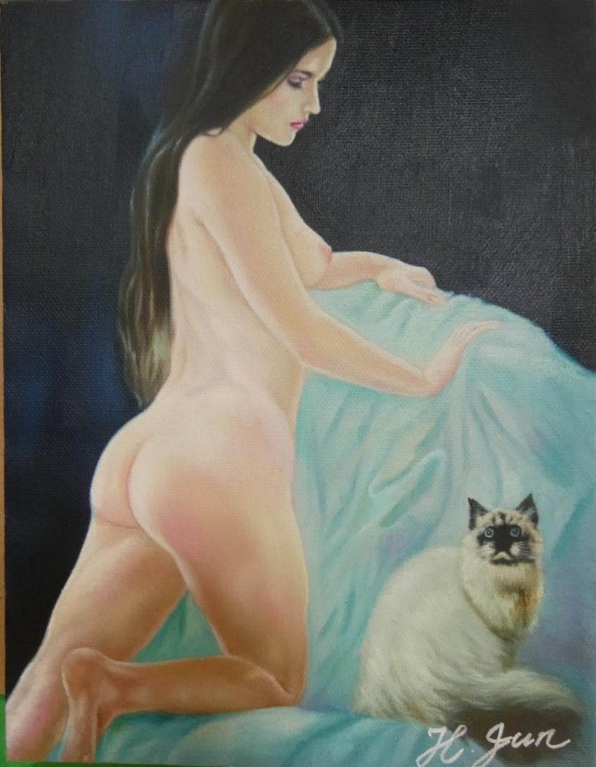 油絵　額付き　浜辺順　F6 【　ネコ　】手描き　肉筆