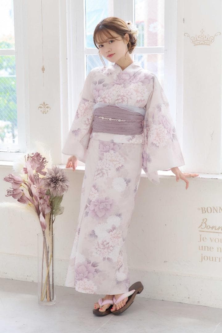 薄紫色花柄浴衣・帯セット＋オーガンジー白兵児帯