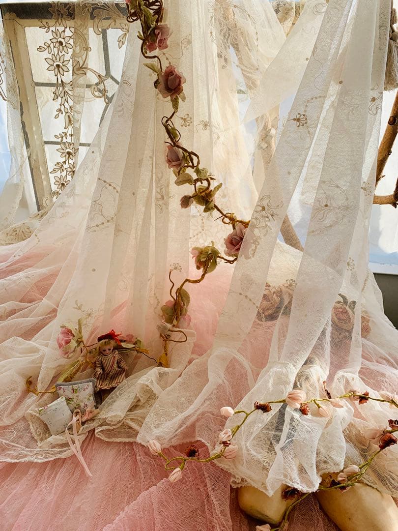 フランスアンティークコーネリー刺繍チュールレースロングカーテン※古色ホワイト