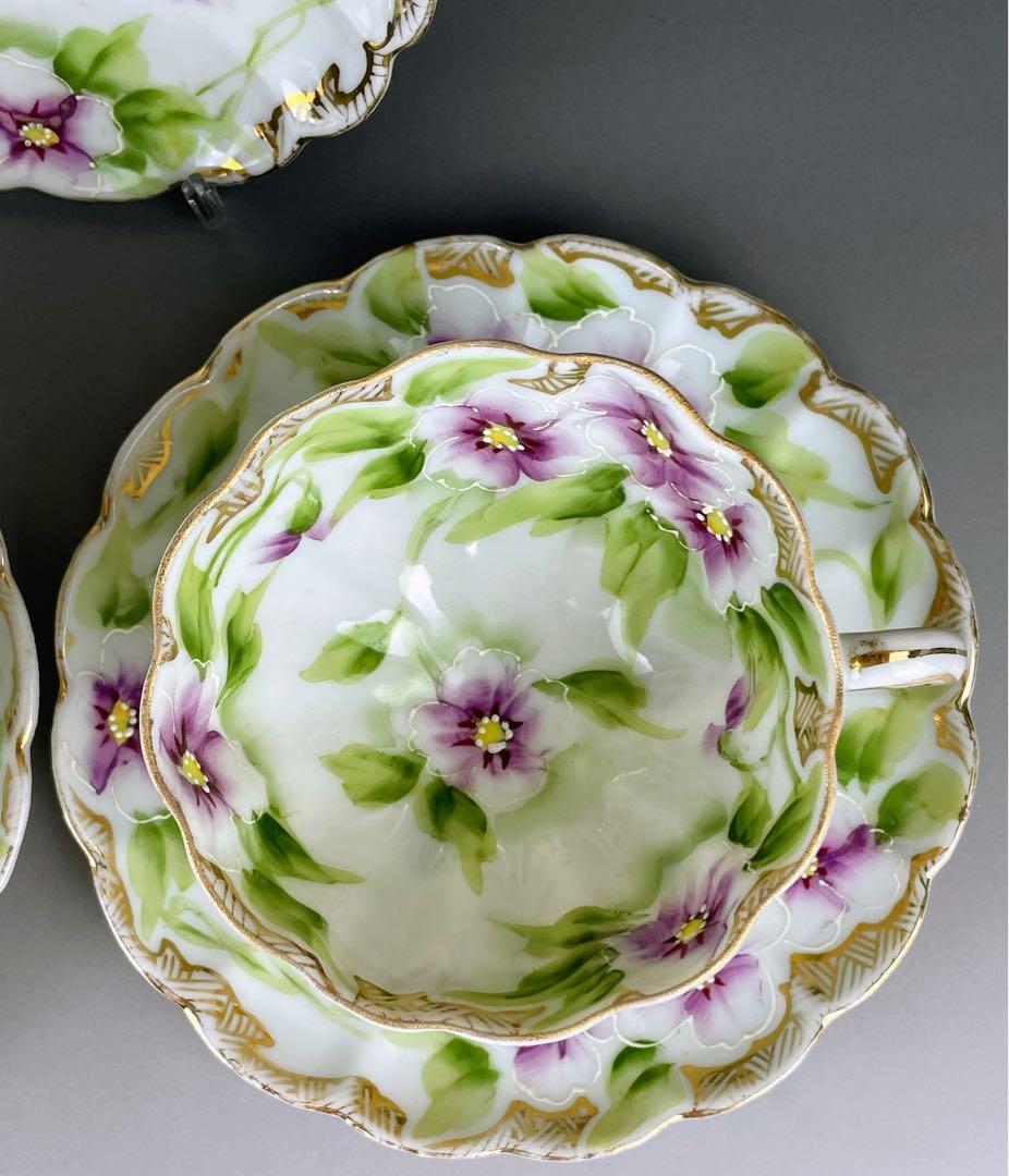 【美品】オールドノリタケ パンジー紋 ティーカップ２組 ビオラ 三つ脚 猫足