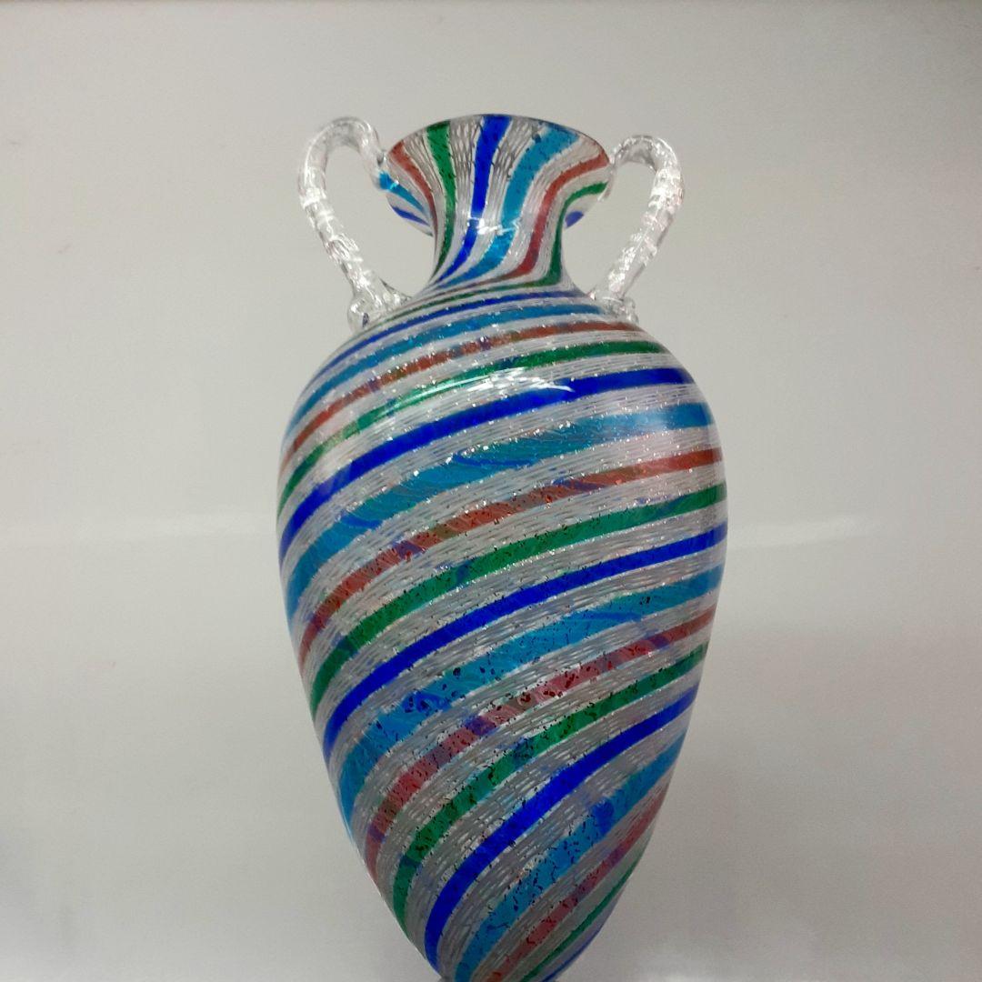 MURANO GLASS ムラノ 銀彩 双耳 カラフル レース 花器 オブジェ