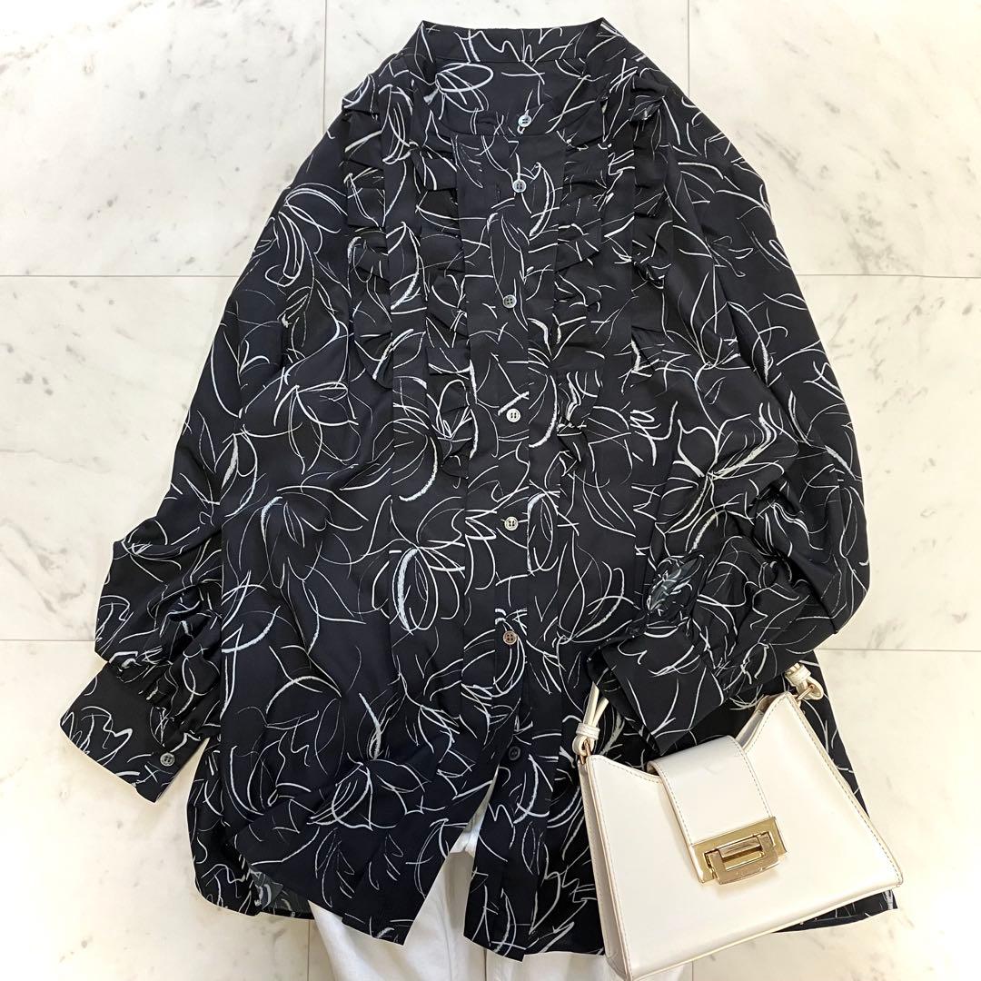 美品 ダーマコレクション 線画風フラワープリント フリル チュニック 洗える 黒