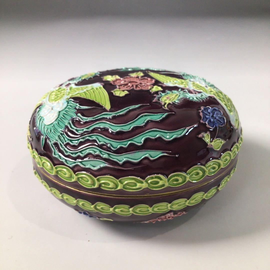 Ｓ２１８　香合　『平安　永泉造』『紫交趾』『鳳凰文』『丸香合』　共箱　茶道具