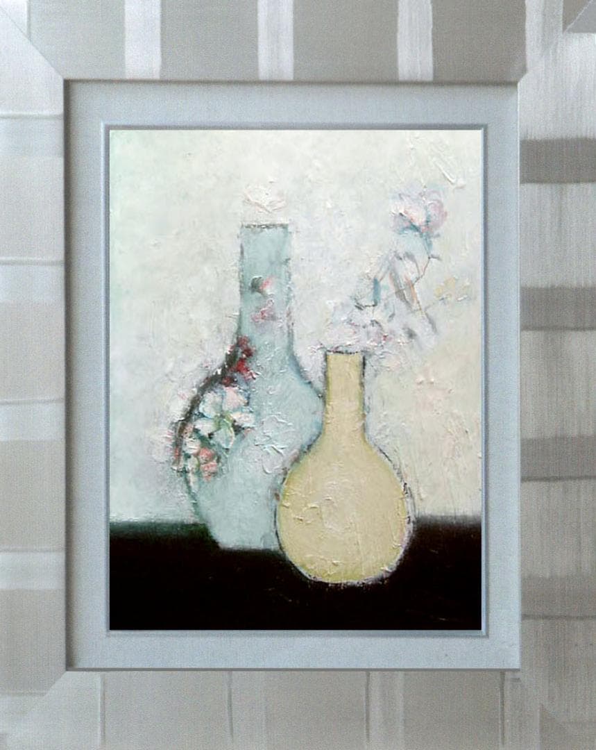 油絵 菅家令子 絵 絵画インテリア額付(青緑＋金色の枠)uF6-111102花瓶