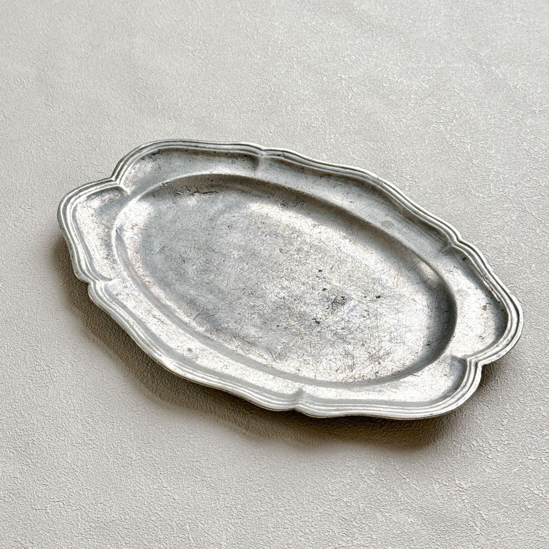 フランス アンティーク ピューター 花リム 大判 オーバルプレート 36cm