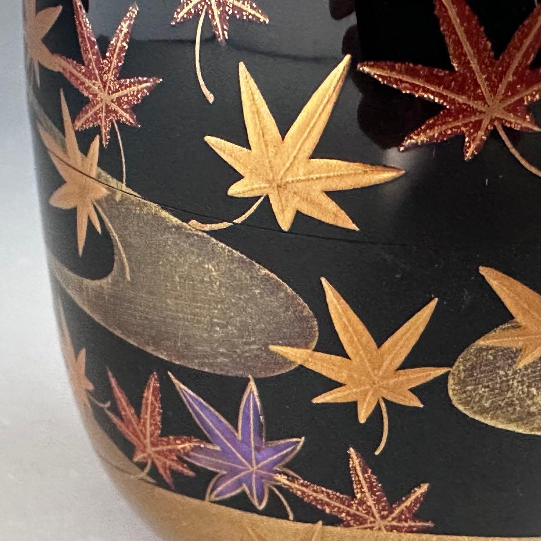 茶道具　竜田川蒔絵　内銀地　大棗　呉藤穣太郎　共箱　山中塗　漆芸　秋　紅葉　茶会