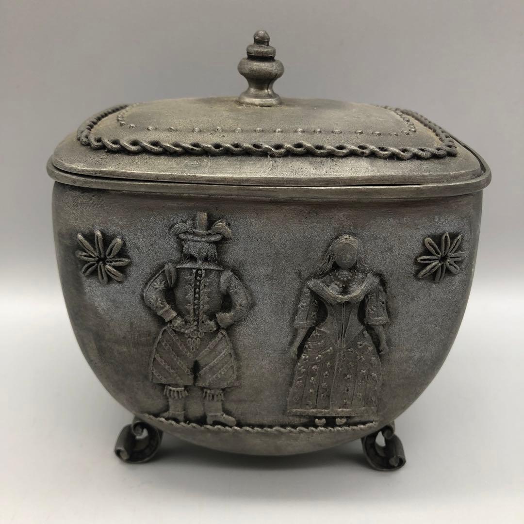 アンティークAntik SKS Zinnドイツ製すず錫ピューター蓋付き小物入れ