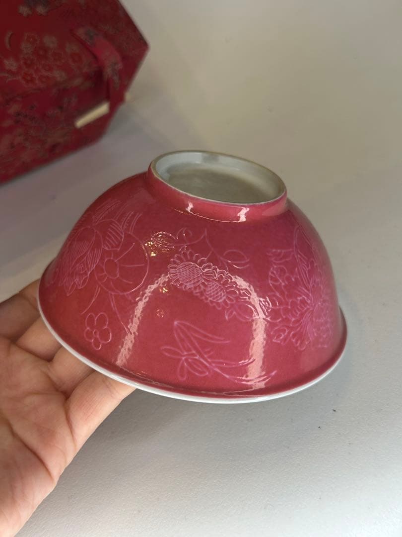 玫紅釉 粉釉 花卉文 碗　荷花・向日葵・牡丹文　中国古美術　時代物　錦箱付