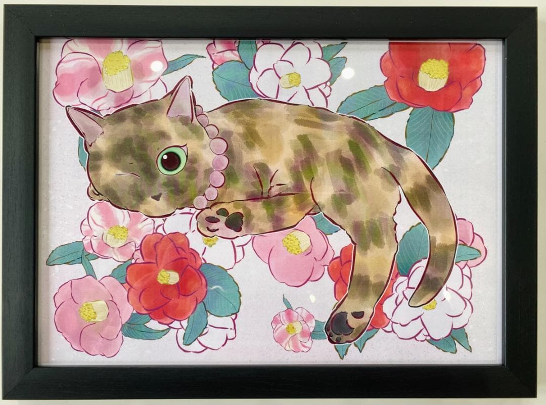 【絵画】『サビ猫と椿』ねこイラストレーターあきみ