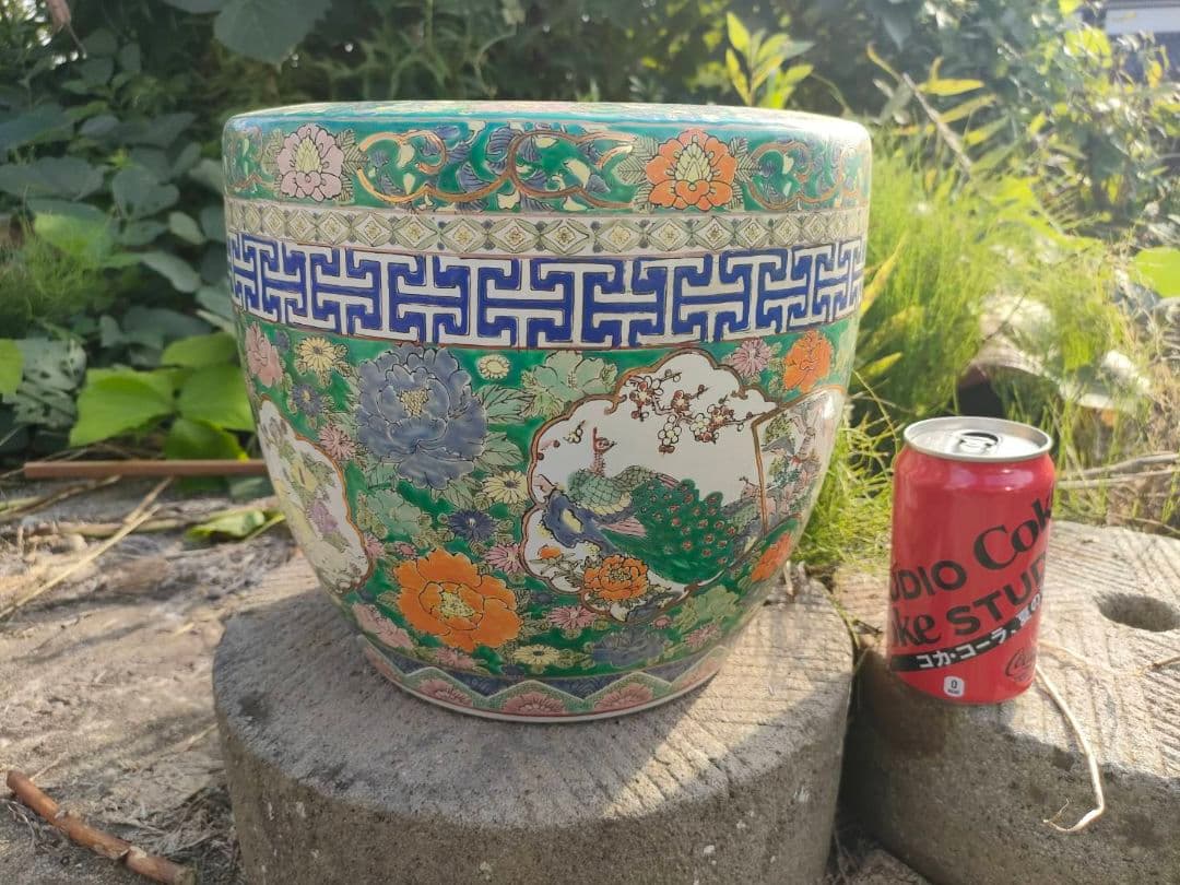 ★色絵 金襴手 火鉢　手焙 兎 孔雀 花鳥山水文 　古具　アンティーク