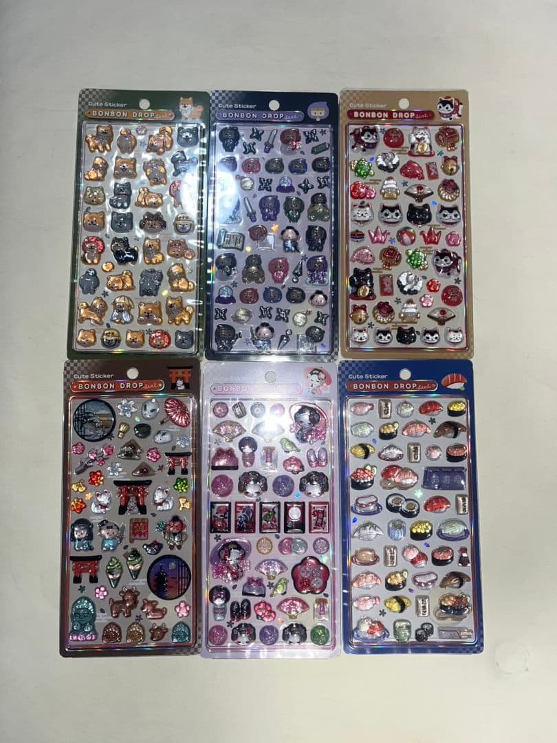 ボンボンドロップシール　和柄　6種類セット　寿司　柴犬　忍者　舞妓　古都　縁起物