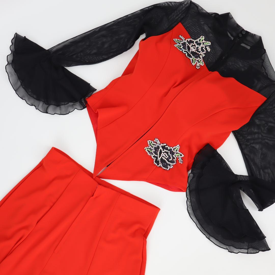 【美品社交ダンス衣装】豪華ラインストーン花装飾 サンヨシムラ ブラウス スカート