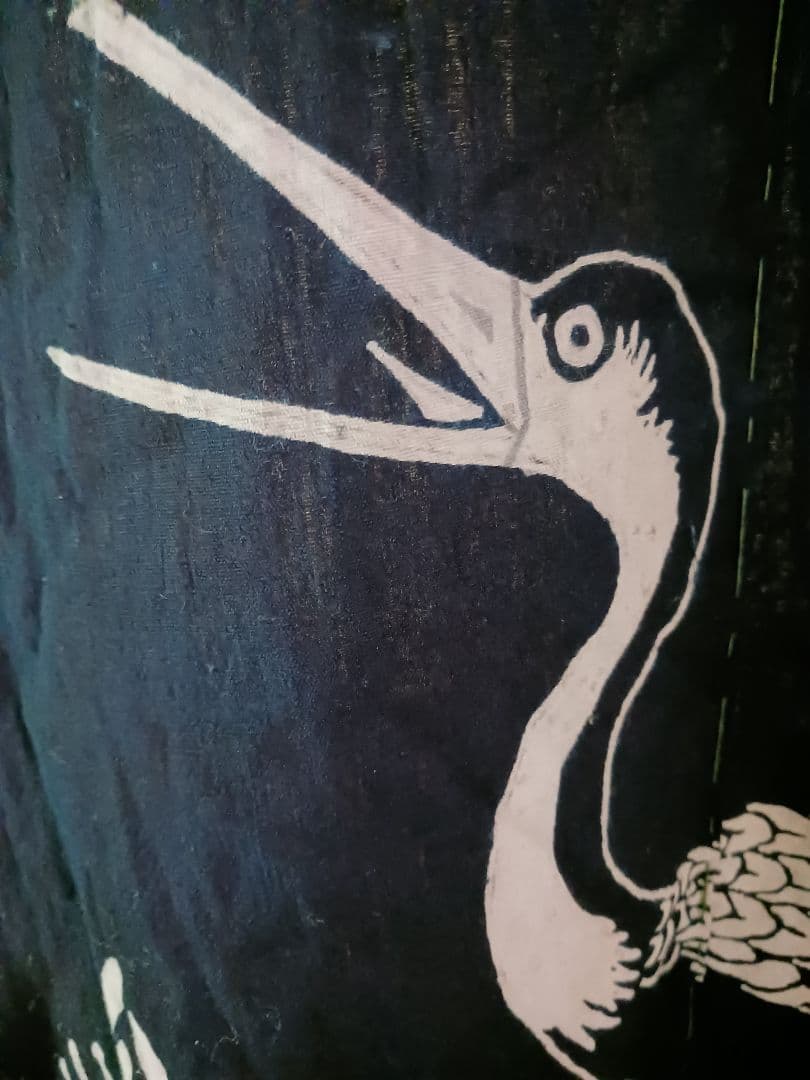 古布　夜着　綿　藍染　筒描き　家紋　鶴松　一枚