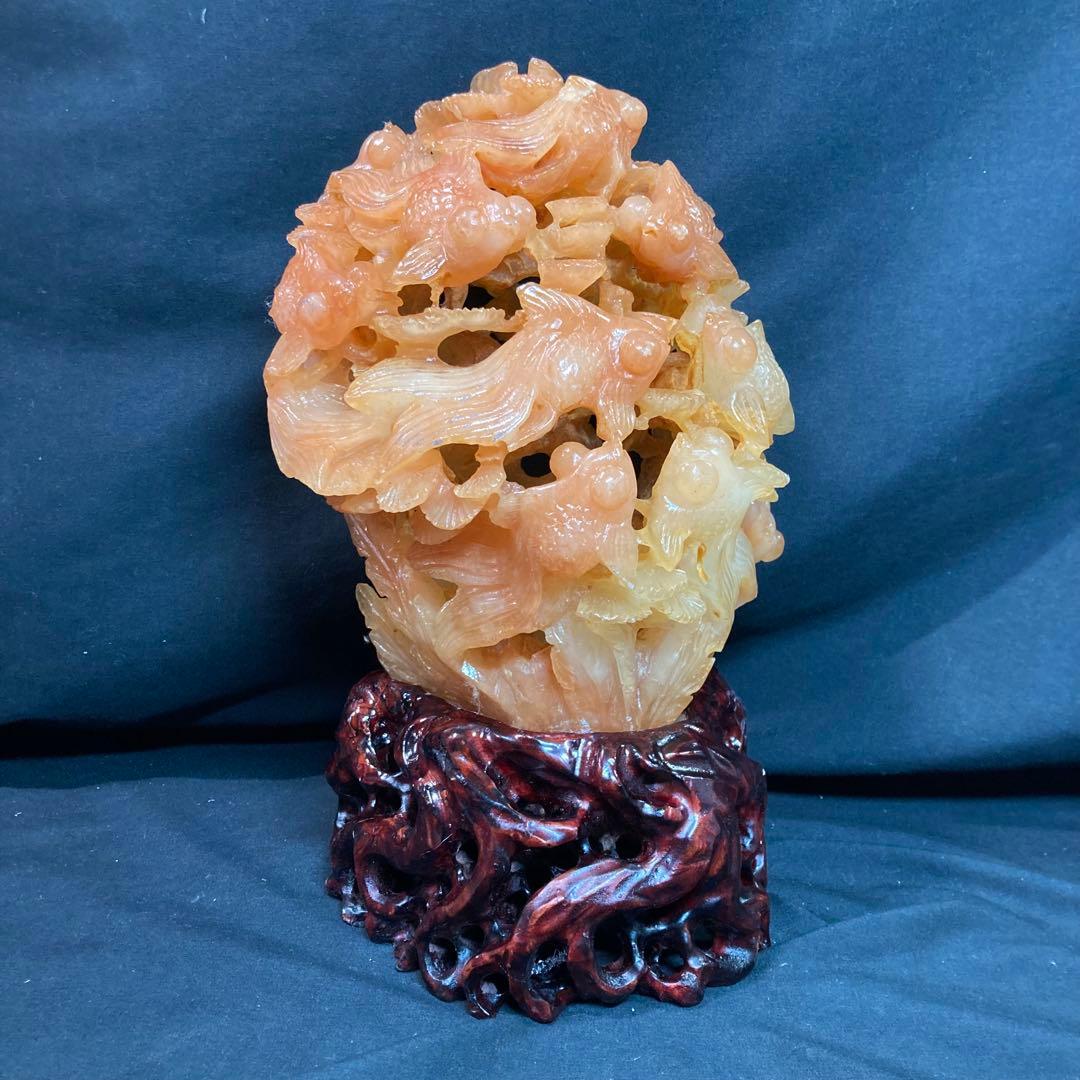 《中国美術》天然石 彫刻 金魚 水草 置物