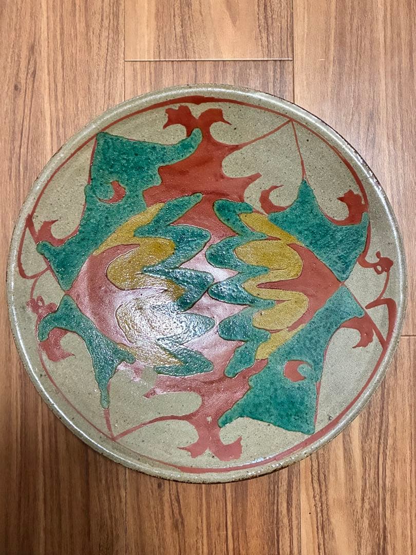 成井立歩　双鳥文赤絵皿　検）益子焼　合田好道　円道寺窯　成井恒雄